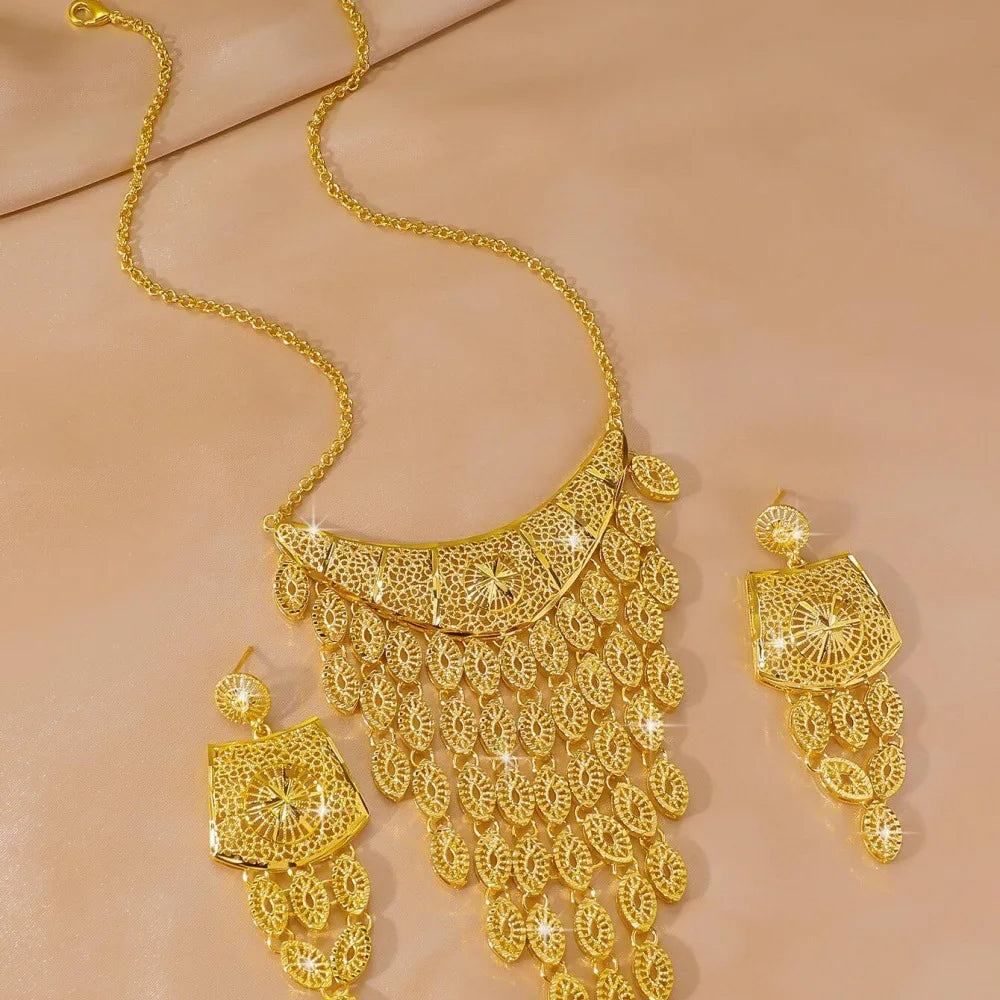 Luxe 24K 9999 or pur or véritable dubaï mariage danse Performance artistique rétro ovale gland collier boucles d'oreilles costume