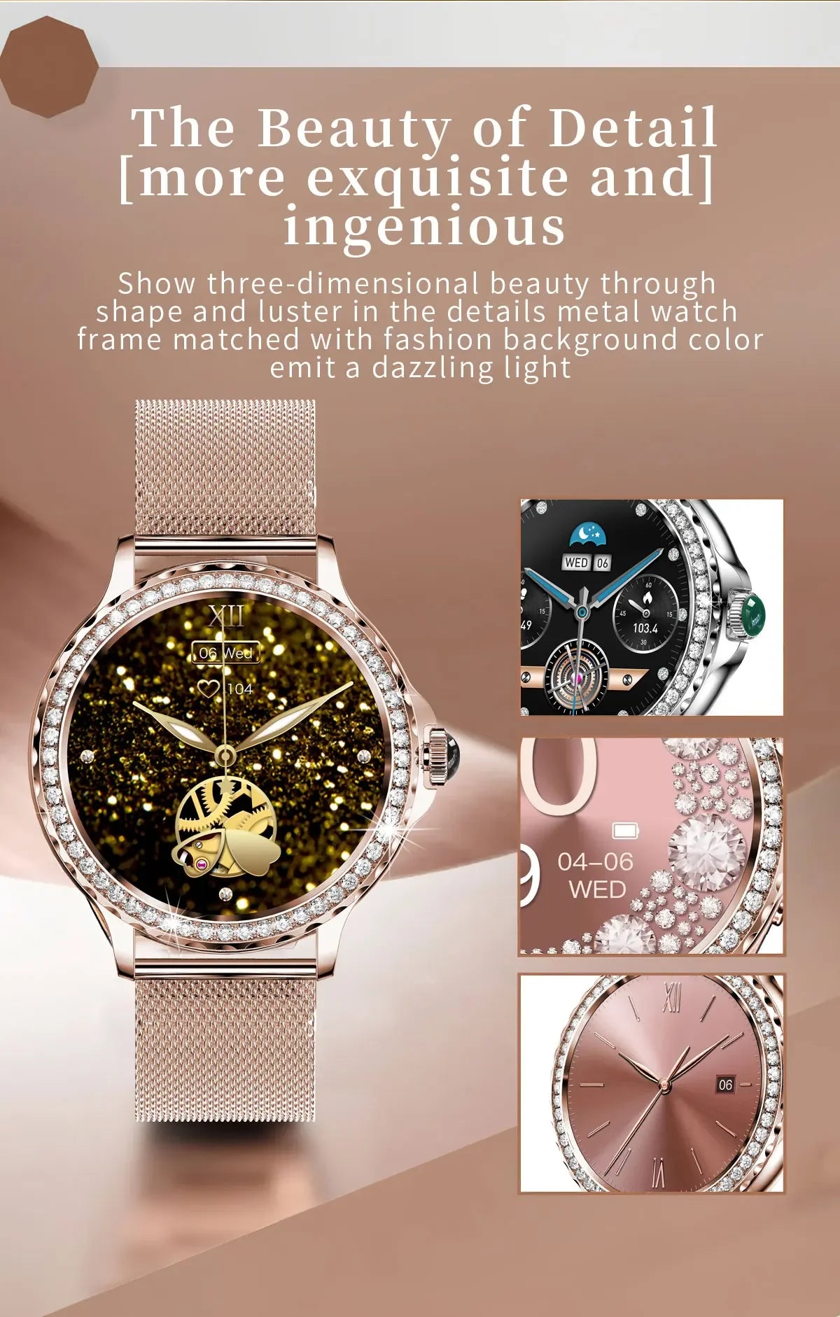 Montre intelligente diamant femme bracelet en métal 1.3 pouces écran HD appels Bluetooth moniteur de santé décoration de mode montre-bracelet