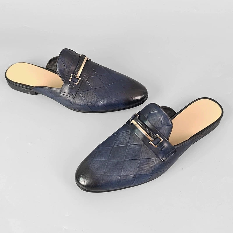 Mules plates pour hommes, pantoufles à enfiler en cuir de vache véritable, mocassins de luxe à motif Gerling, demi-chaussures fermées à bout pointu