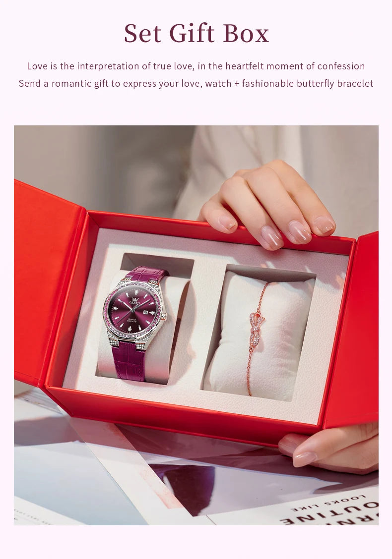 OLEVS Original femmes montres diamant tour mode bracelet en cuir 3m étanche lumineux dames montre-bracelet montre à Quartz pour les femmes