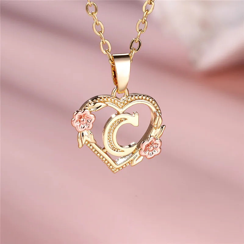Collier pendentif fleur lettre A-Z pour femmes, couleur or jaune, bijoux de mariage, cadeau pour femmes
