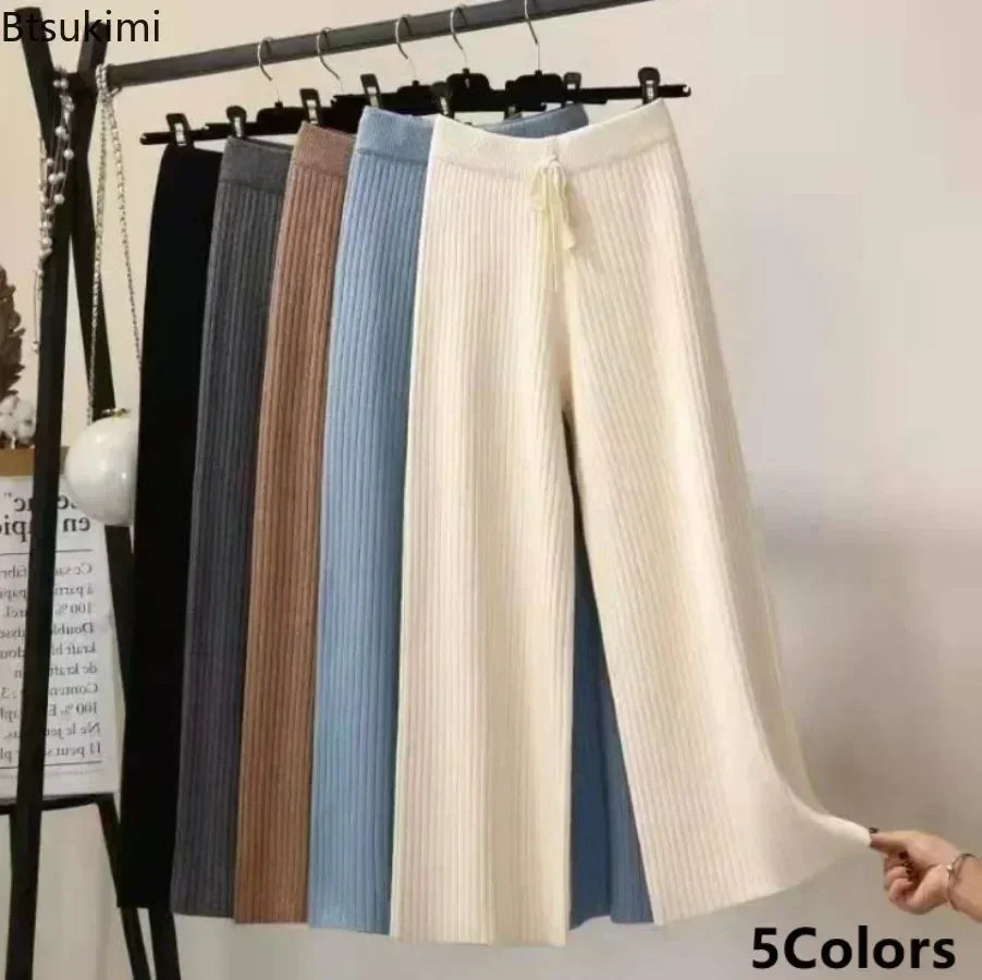 Pantalon drapé taille haute à jambes larges pour femme, décontracté, ample, en tricot, jambes droites, à lacets, couleur unie, 2026