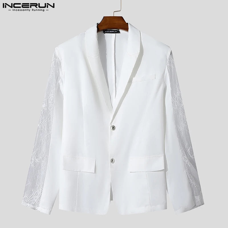 Mode Style décontracté hauts INCERUN nouveaux hommes Perspective dentelle épissage conception costume manteaux mâle solide à manches longues Blazer S-5XL 2024