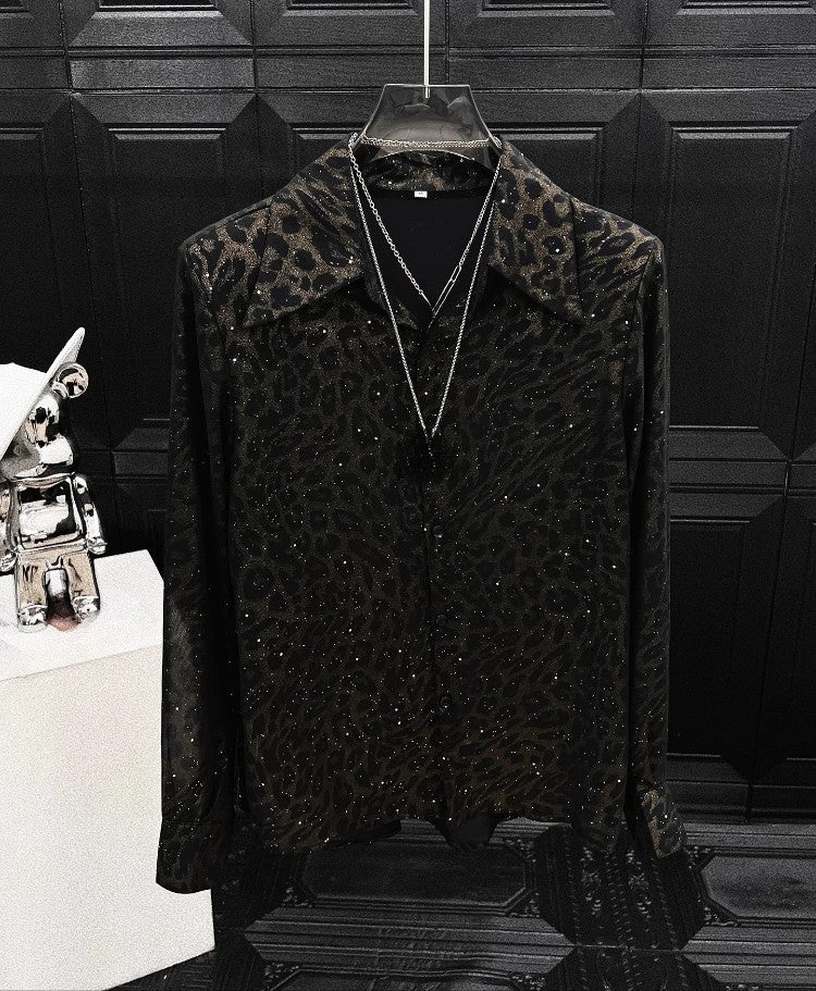 Chemises à manches longues pour hommes, de luxe,leopard  rétro, diamant, été 2026