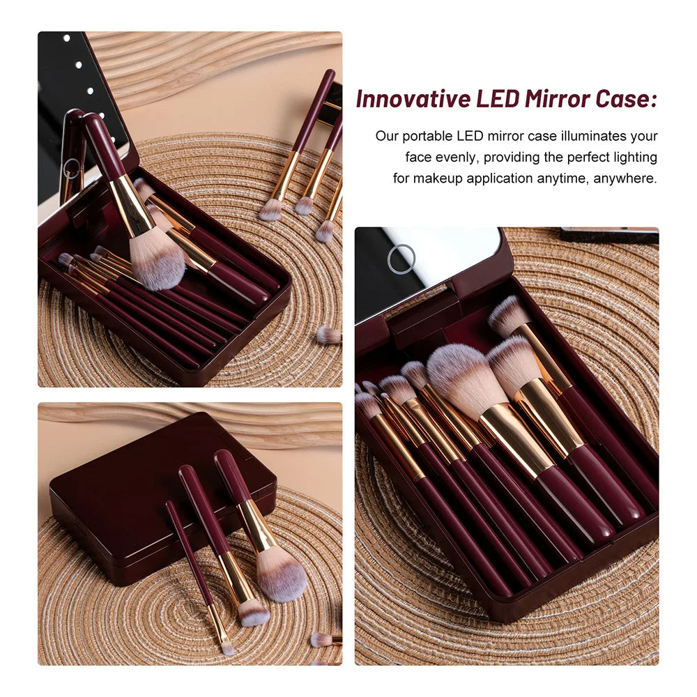 14 pièces ensemble de pinceaux de maquillage avec miroir éclairé Portable poignée courte lumière LED USB Kit de pinceaux de maquillage rechargeables