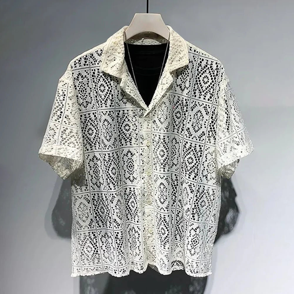 Chemise en dentelle transparente creuse à manches courtes pour hommes, chemise décontractée unisexe, mode sans sexe, lettres de qualité, rétro, sexy, nouveau, 2024