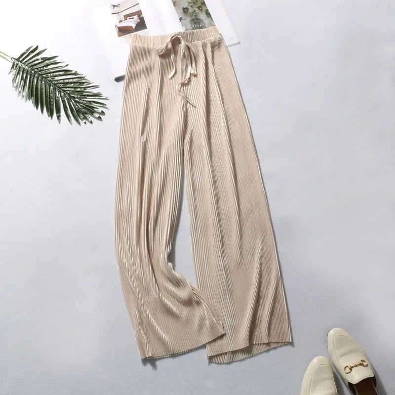 Pantalon d'été plissé en soie pour femmes, couleur unie, taille élastique, jambes larges, décontracté, en mousseline de soi