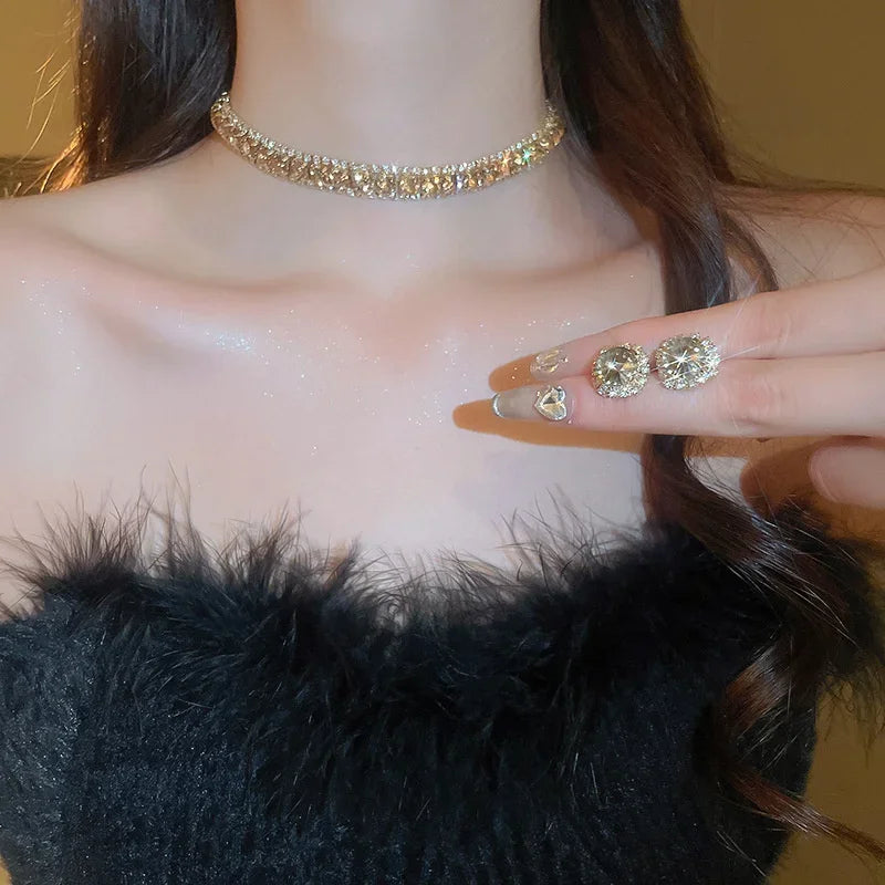 Ensemble collier et boucles d'oreilles en cristal de luxe pour femmes, ensembles de bijoux, accessoires, champagne, vert, bleu, noir, fête de mariage