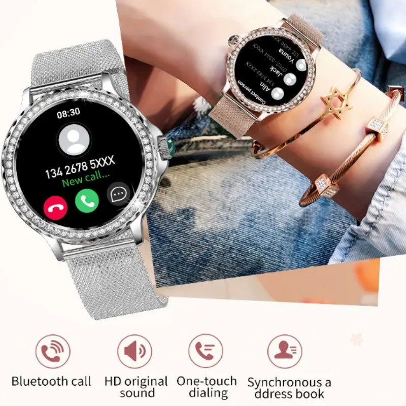 Montre intelligente diamant femme bracelet en métal 1.3 pouces écran HD appels Bluetooth moniteur de santé décoration de mode montre-bracelet