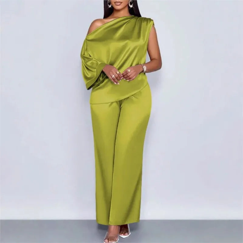 Ensemble  Costume pantalon en Satin pour femme, décontracté, col incliné, hauts à manches courtes, pantalons à jambes larges