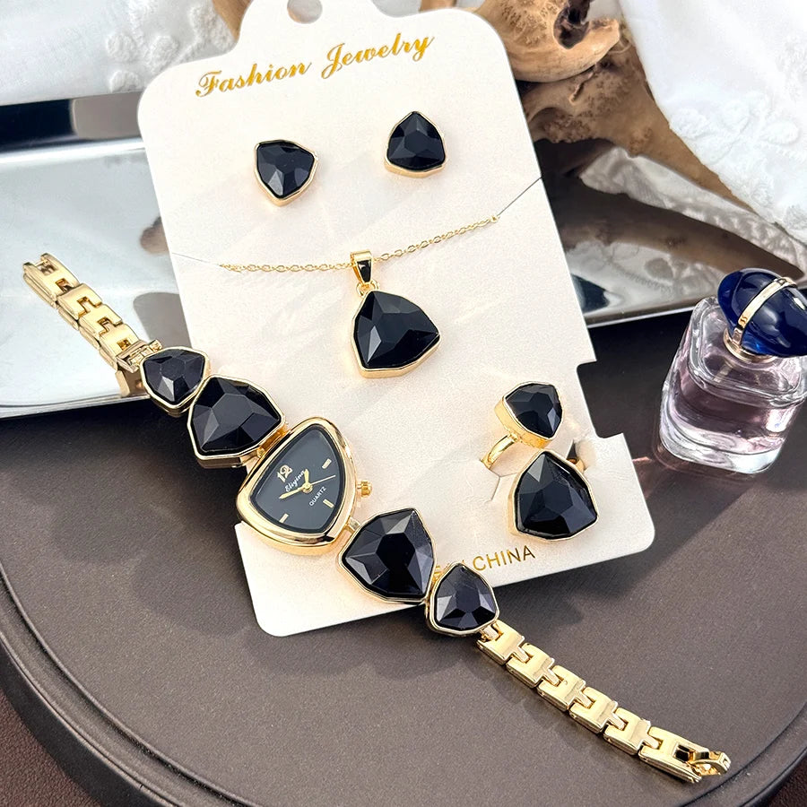 Ensemble de bijoux, cadeau quatre pièces  Montre à Quartz de luxe pour femmes, diamant coloré, forme irrégulière, collier, bague, boucles d'oreilles, , Trendsetter