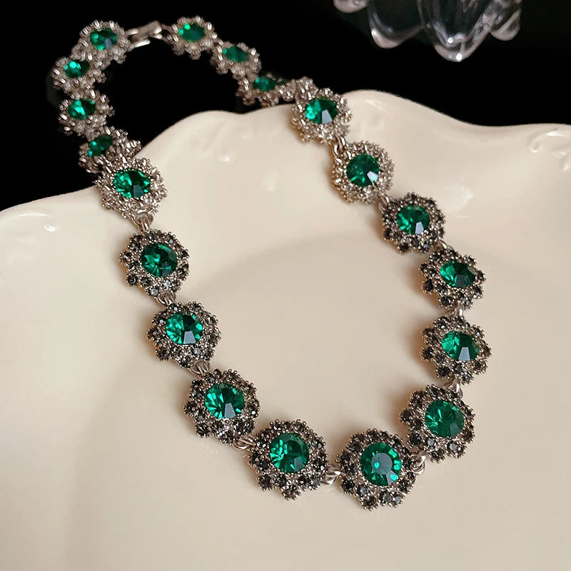 Collier de fleurs en strass pour femmes, cercle vert, Bracelet Vintage médiéval, luxe français, boucles d'oreilles délicates, ensembles de bijoux, vente en gros
