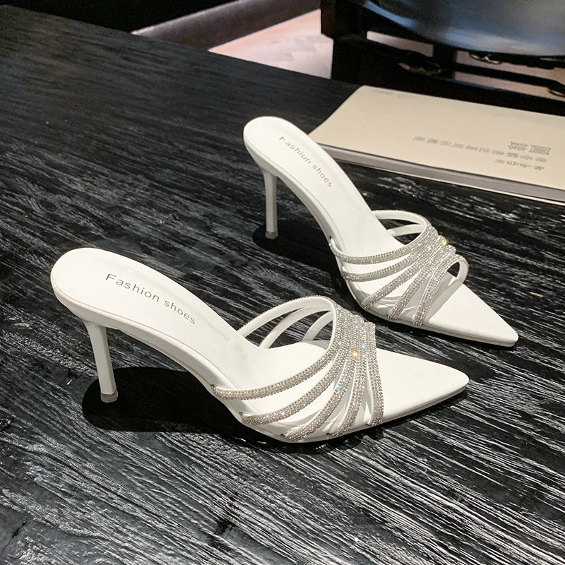 Pantoufles Sexy à talons hauts pour femmes, mode d'été, bande étroite en cristal, à bout pointu