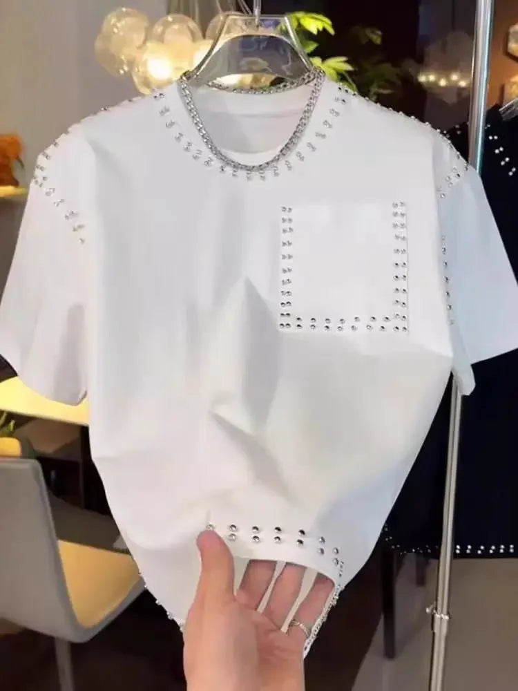 T-shirt tendance de luxe à manches courtes pour hommes, mode d'été,  rivets, col rond, décontracté