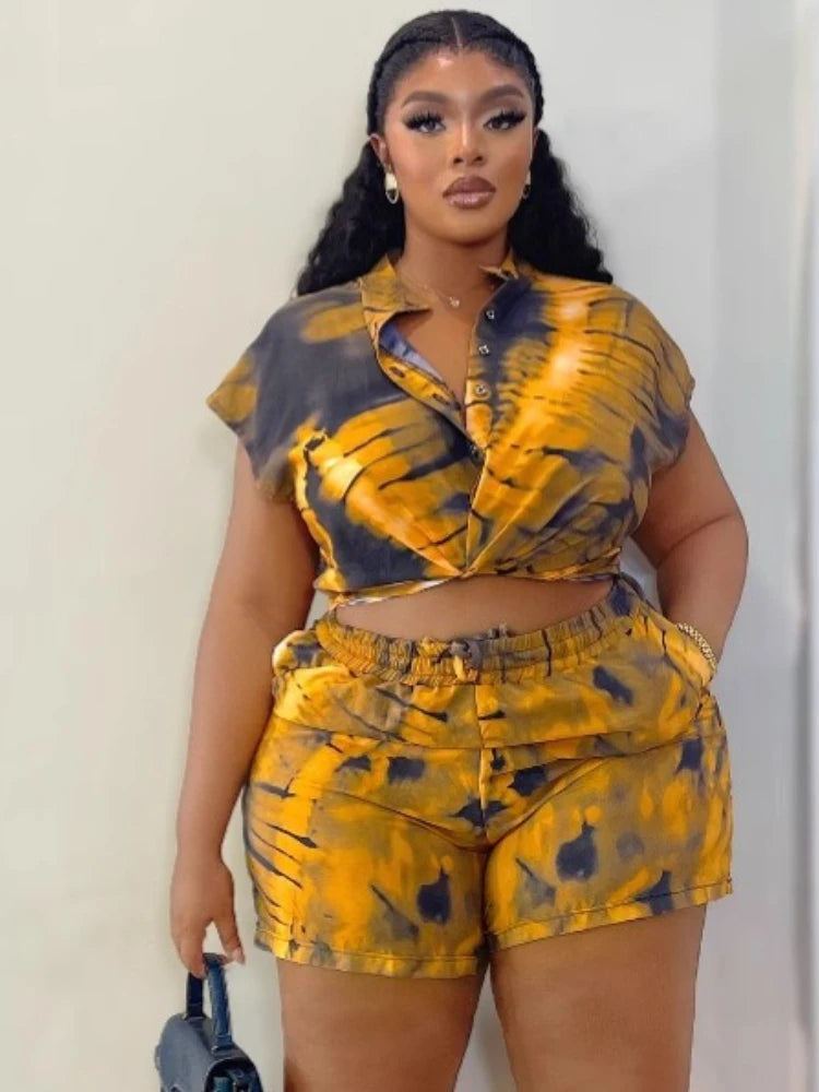 Ensemble deux pièces imprimé pour femmes, col montant, chemise boutonnée à manches courtes avec cordon de serrage, Short à taille élastique, décontracté et confortable pour le bureau