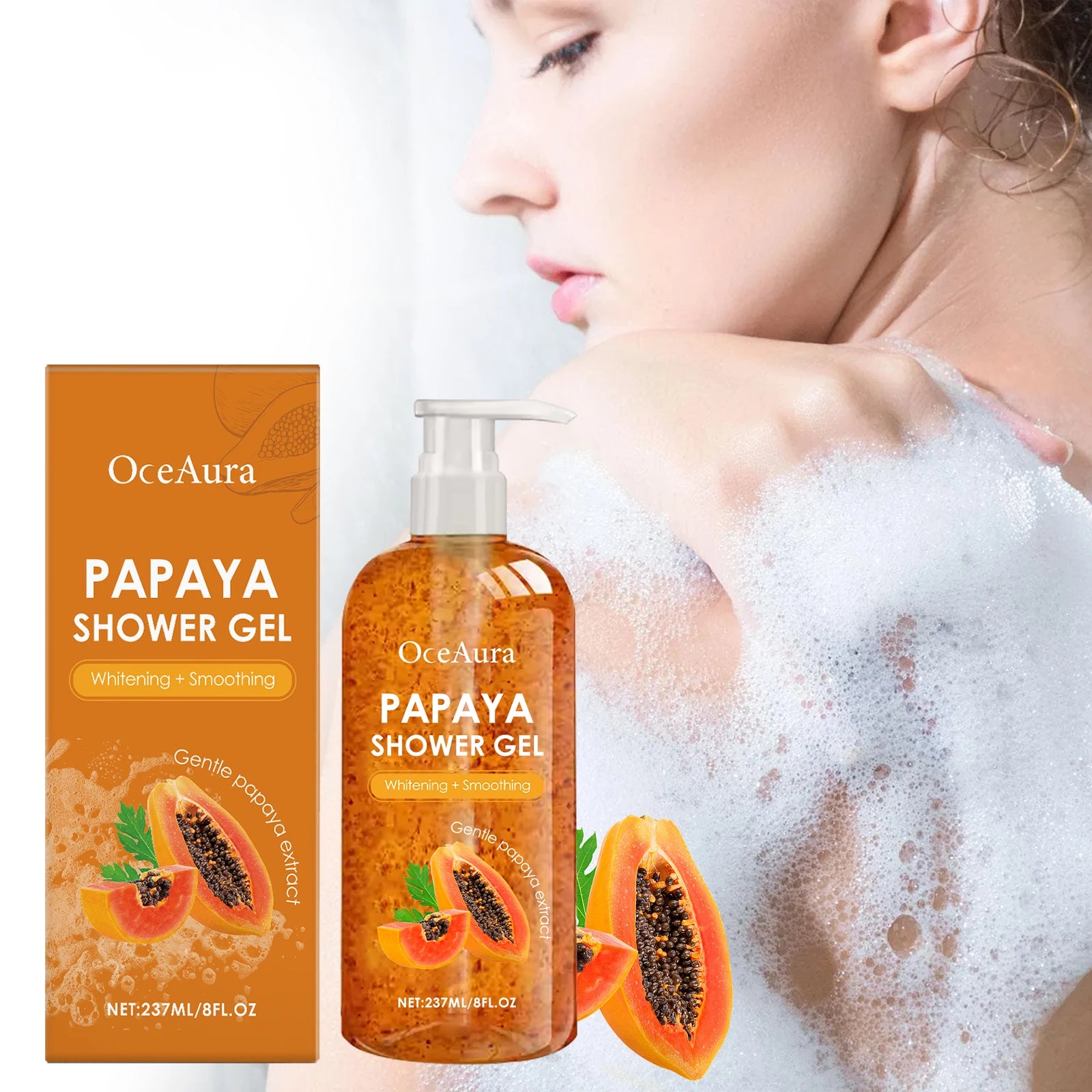 Gel douche blanchissant au papaye, exfoliant, estompe, Pigmentation, arôme durable, huile de contrôle rafraîchissante, mousse riche, lavage du corps