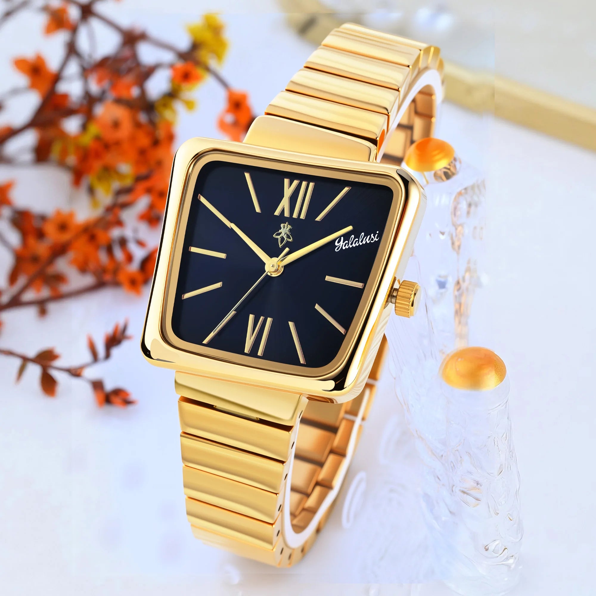 YaLaLuSi Montre à quartz dorée personnalisée pour femme Boîte cadeau de luxe au design minimaliste plaqué or incluse Cadeau parfait pour les femmes