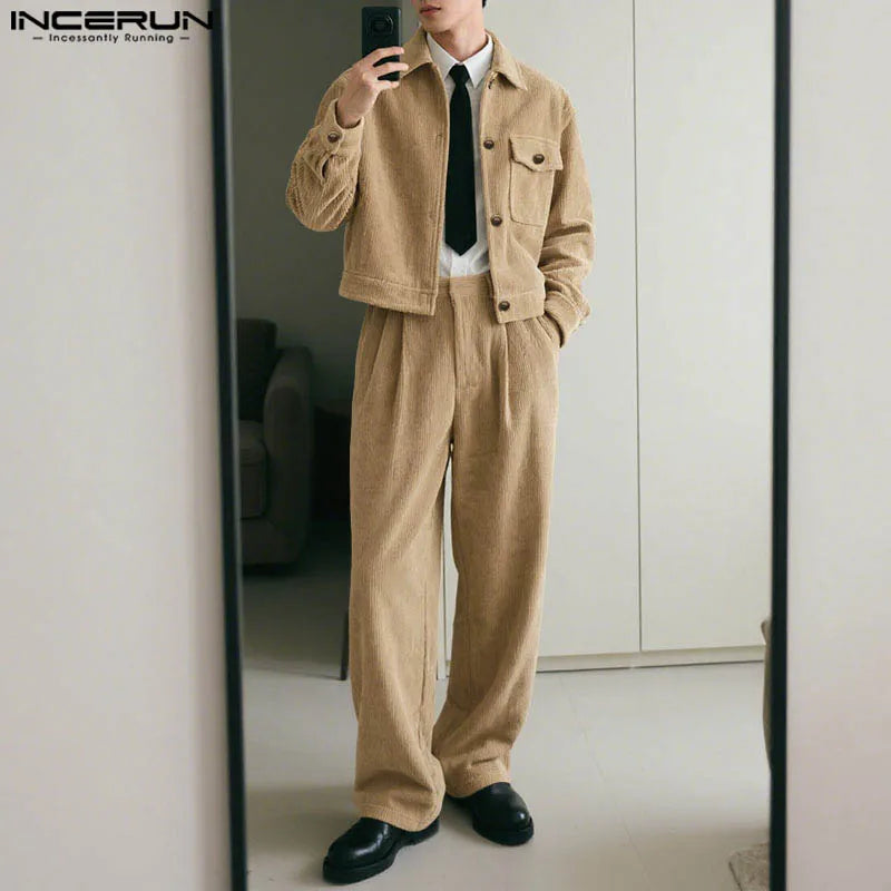Hommes ensembles velours côtelé couleur unie revers manches longues vestes et pantalons deux pièces ensembles