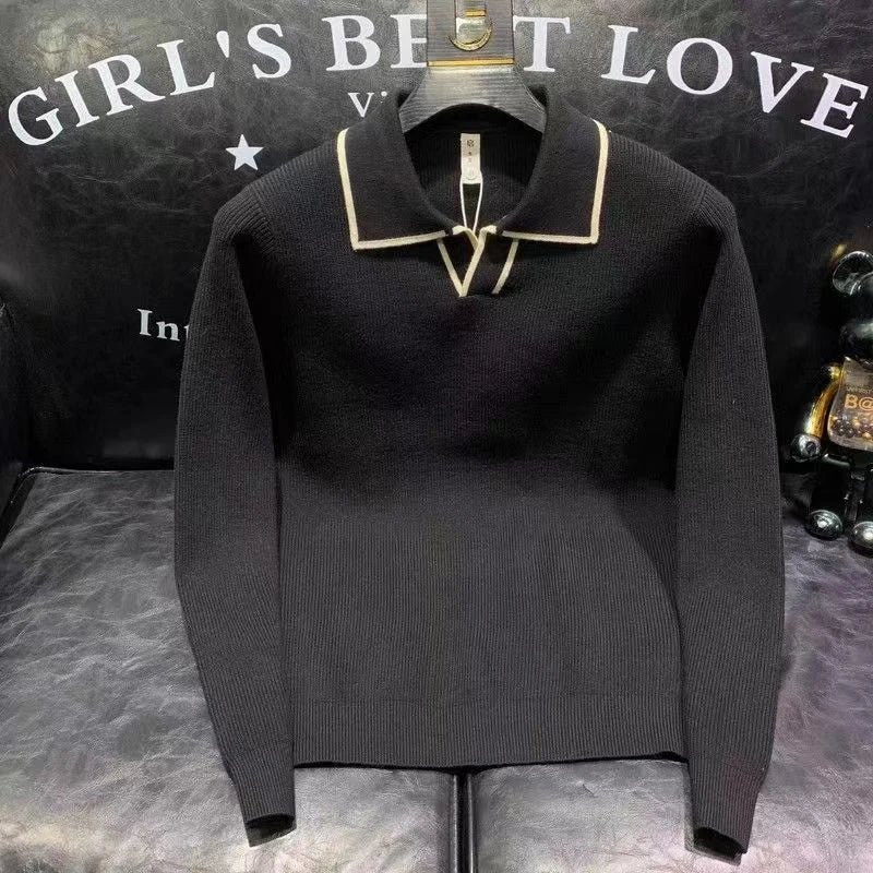 Pull pour  hommes tricot à manches longues solide haute qualité polo d'affaires coupe ajustée,hauts de qualité