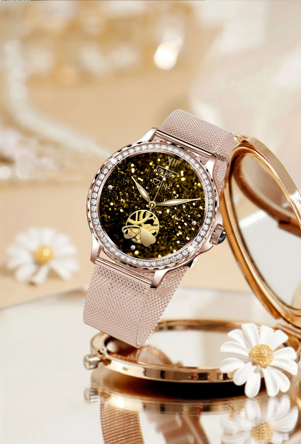 Montre intelligente diamant femme bracelet en métal 1.3 pouces écran HD appels Bluetooth moniteur de santé décoration de mode montre-bracelet