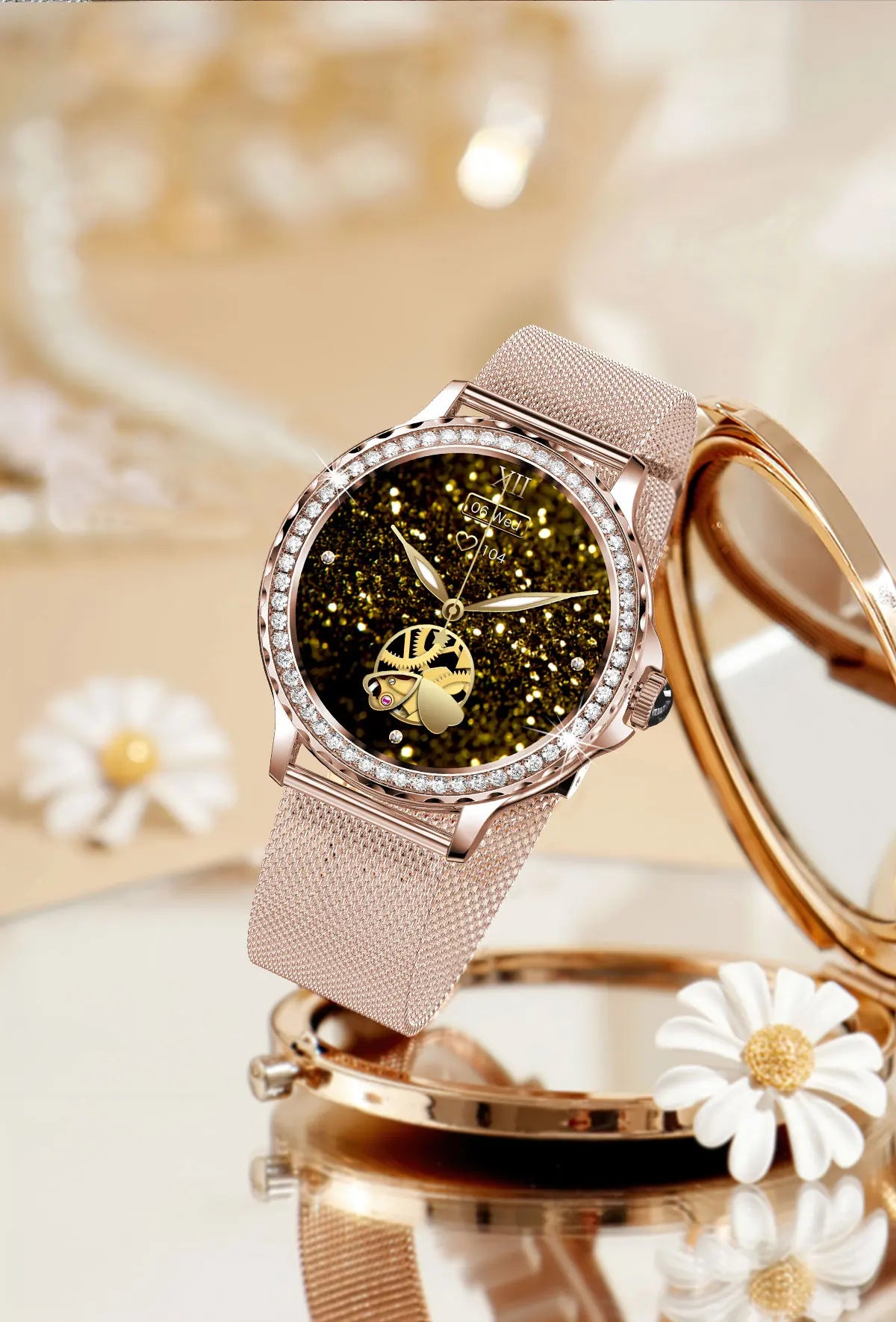 Montre intelligente diamant femme bracelet en métal 1.3 pouces écran HD appels Bluetooth moniteur de santé décoration de mode montre-bracelet