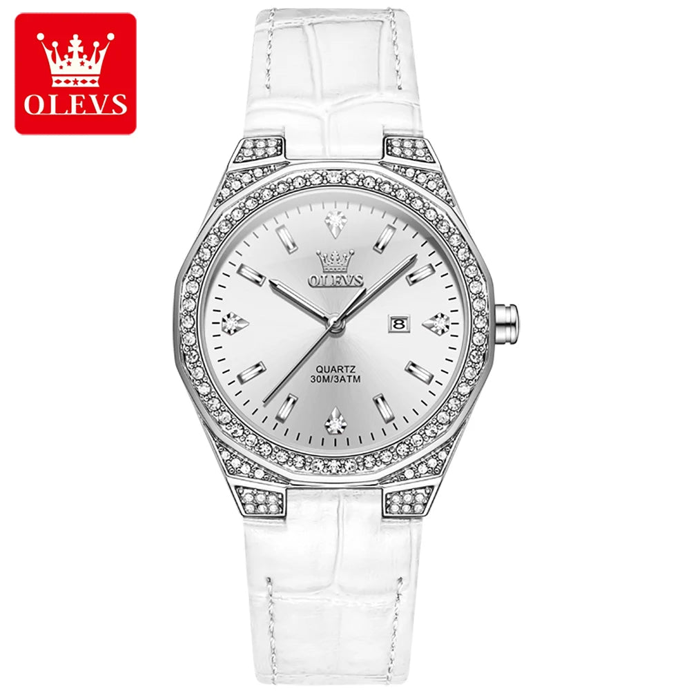 OLEVS Original femmes montres diamant tour mode bracelet en cuir 3m étanche lumineux dames montre-bracelet montre à Quartz pour les femmes