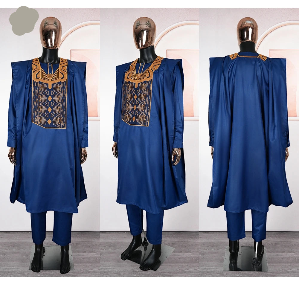 tenue traditionnelle Agbada africaine pour hommes, ensemble brodée Agbada bleue, grande taille, pour mariage, cérémonie, 3 pièces