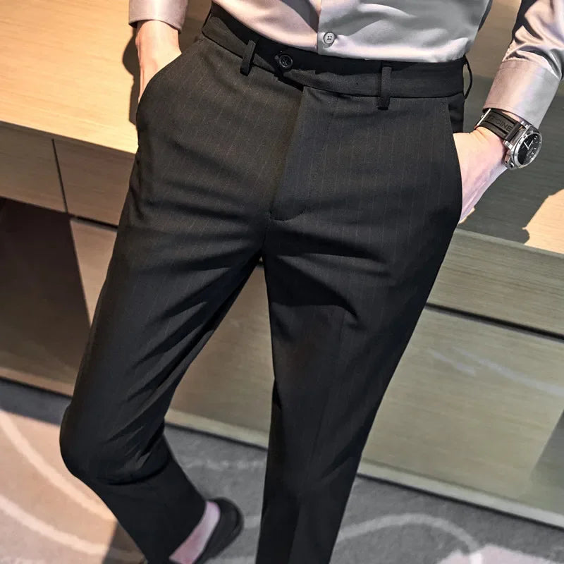 Pantalons décontractés à rayures noires pour hommes, trempés, vêtements de cérémonie pour hommes, robe de mariée, style britannique, affaires, boutique, qualité fjQuality
