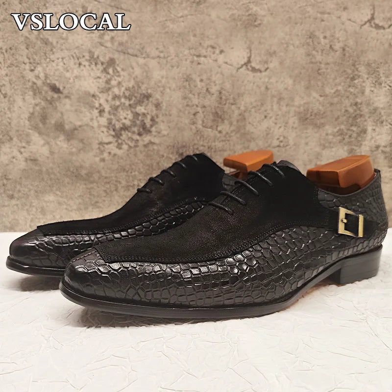 Chaussure  pour Hommes de luxe Oxford à lacets bout fendu ,chaussures habillées Crocodile imprimé en cuir