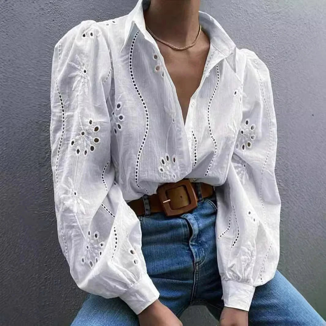 Chemise Brodée à Manches sulfpour Femme, Chemisier en Y Décontracté, Couleur Unie, avec lèvent, Collection Automne 2024