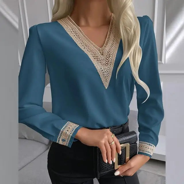Chemise élégante en dentelle pour femmes, col en v, mode automne décontractée, bureau, pull blanc, manches longues, chemise ample pour dames
