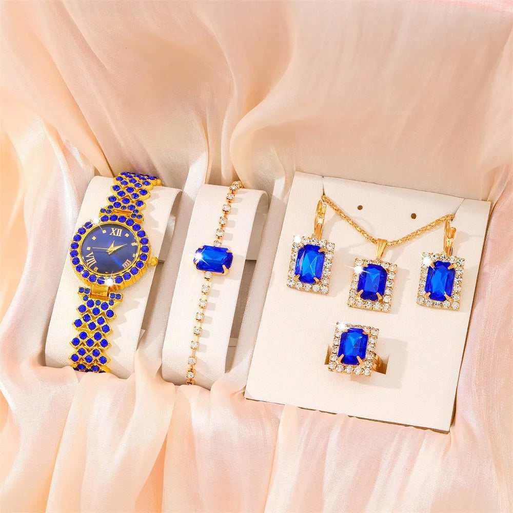 6 pièces/ensemble montre pour femme mode plein diamant Bracelet en acier pointeur montre à Quartz collier Bracelet boucles d'oreilles ensemble de bijoux (sans boîte)
