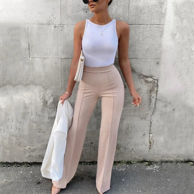 Pantalon pour Femme décontracté solide mode taille haute de bureau élégant