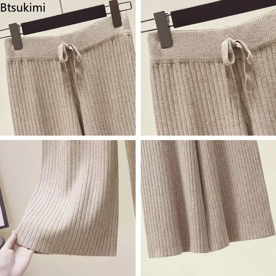 Pantalon drapé taille haute à jambes larges pour femme, décontracté, ample, en tricot, jambes droites, à lacets, couleur unie, 2026