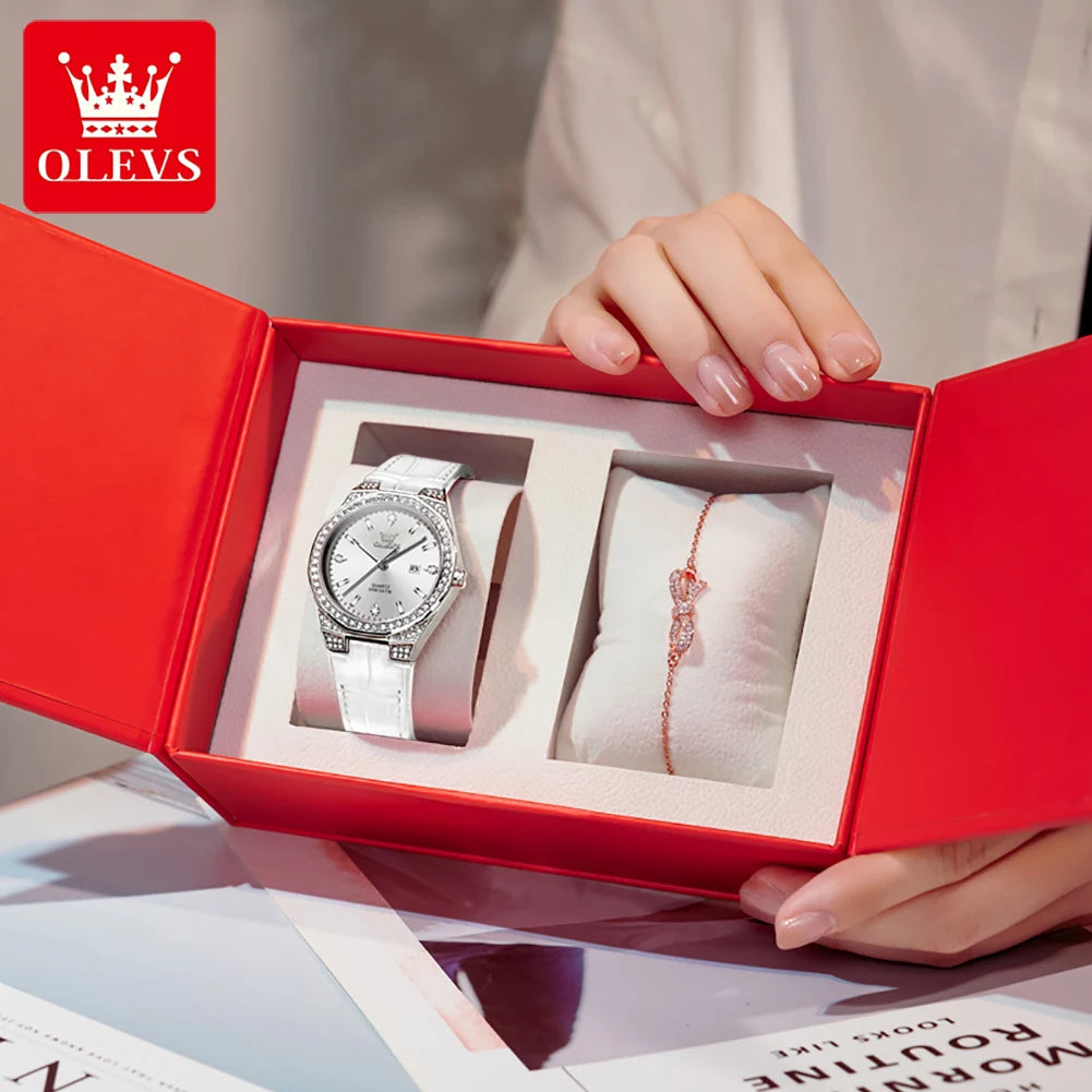 OLEVS Original femmes montres diamant tour mode bracelet en cuir 3m étanche lumineux dames montre-bracelet montre à Quartz pour les femmes