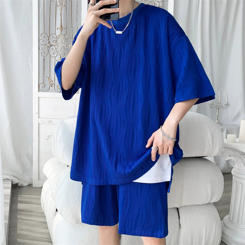 Ensemble pour hommes, vêtements de luxe coréens, motif ondulé drapé, t-shirts décontractés et short courts, grande taille,haute qualité