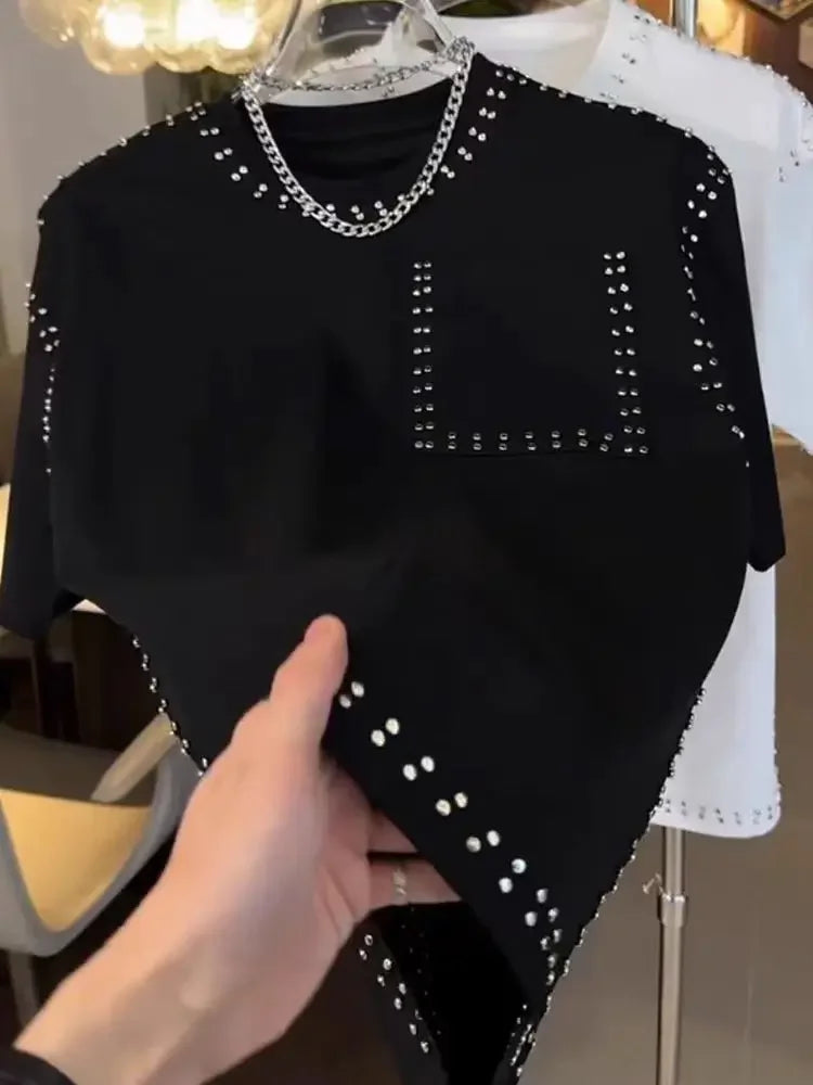 T-shirt tendance de luxe à manches courtes pour hommes, mode d'été,  rivets, col rond, décontracté