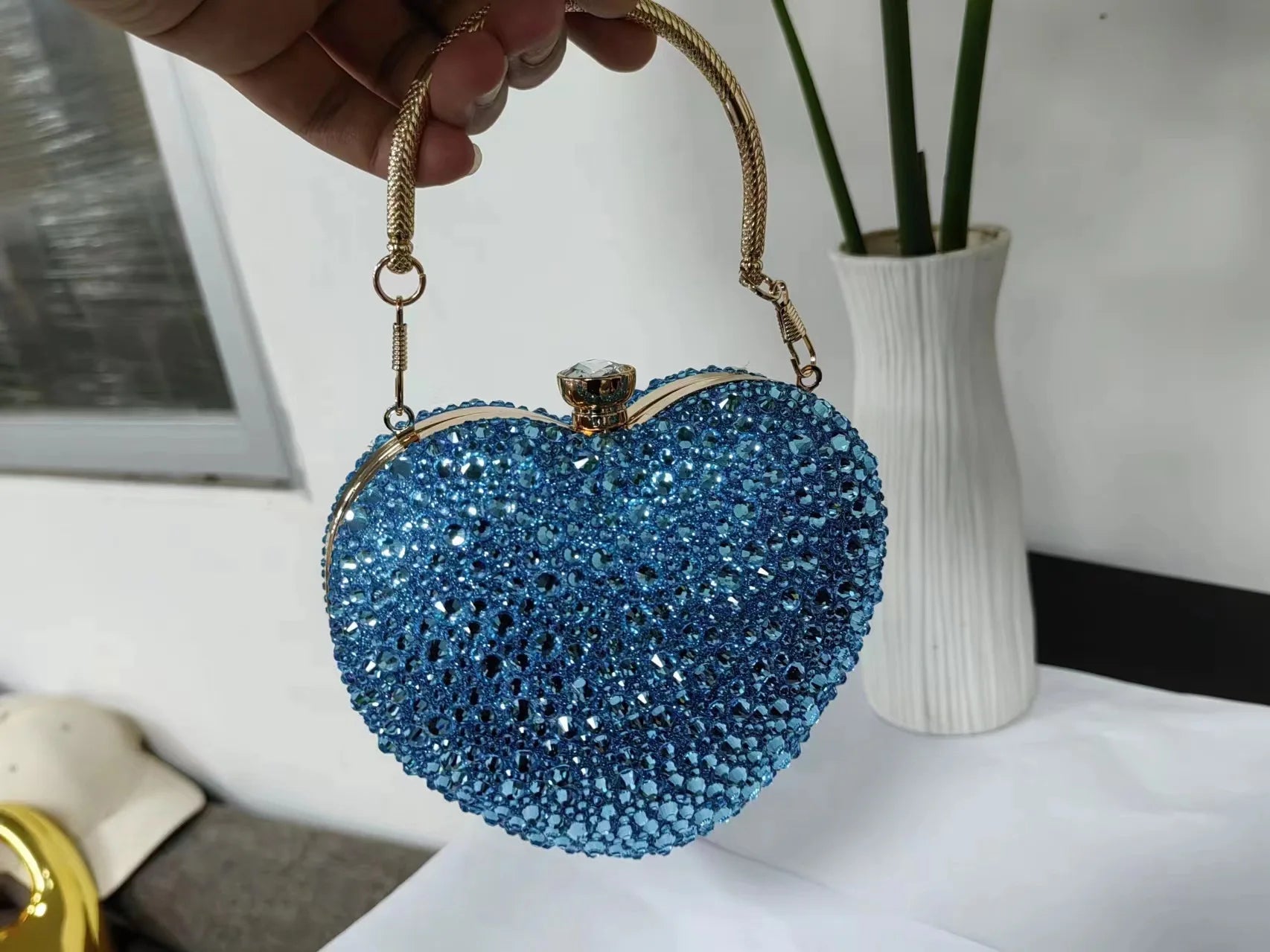 Pochette sac à main de Luxe diamant incrusté coeur forme cristal  pierres soirée de mariage sac à bandoulière poignée strass