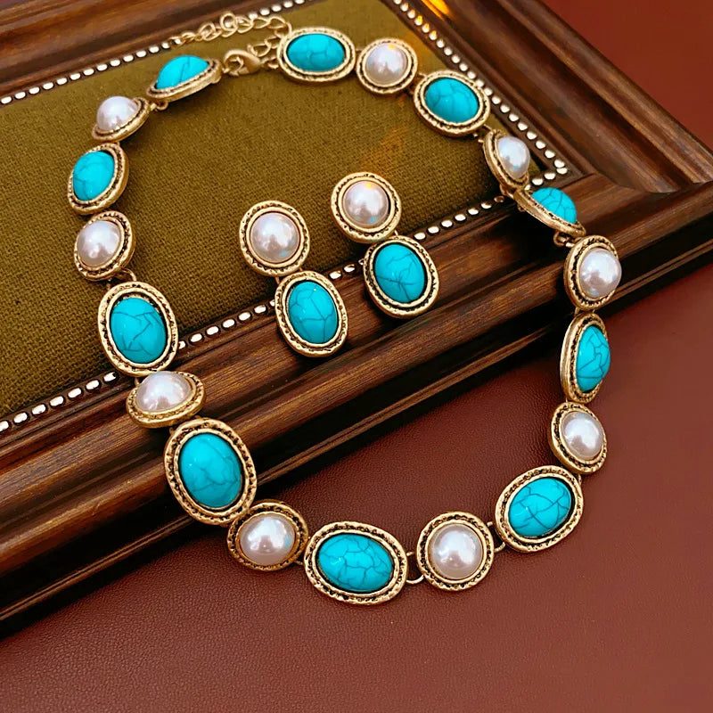 Boucles d'oreilles ovales en Imitation de perles, Design Vintage, collier ras du cou, tempérament français élégant, ensemble de bijoux en dentelle torsadée, cadeau de Banquet