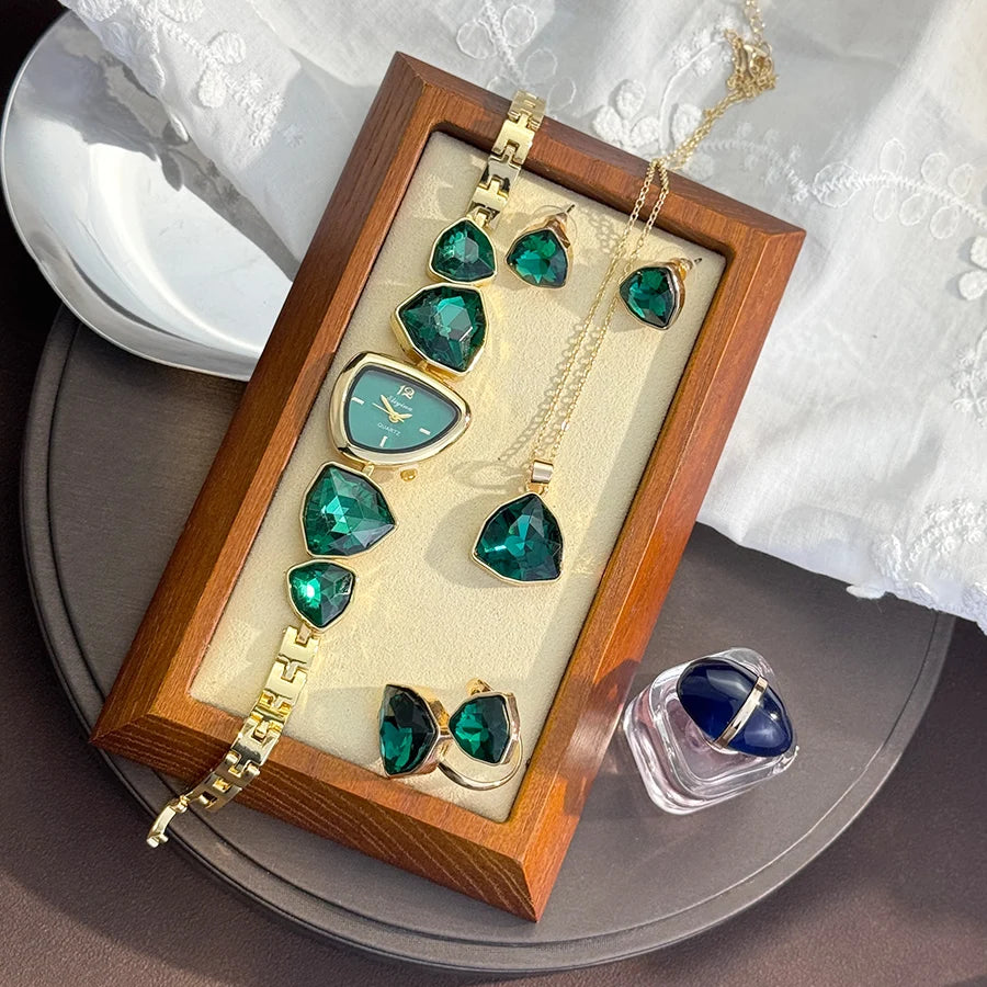 Ensemble de bijoux, cadeau quatre pièces  Montre à Quartz de luxe pour femmes, diamant coloré, forme irrégulière, collier, bague, boucles d'oreilles, , Trendsetter