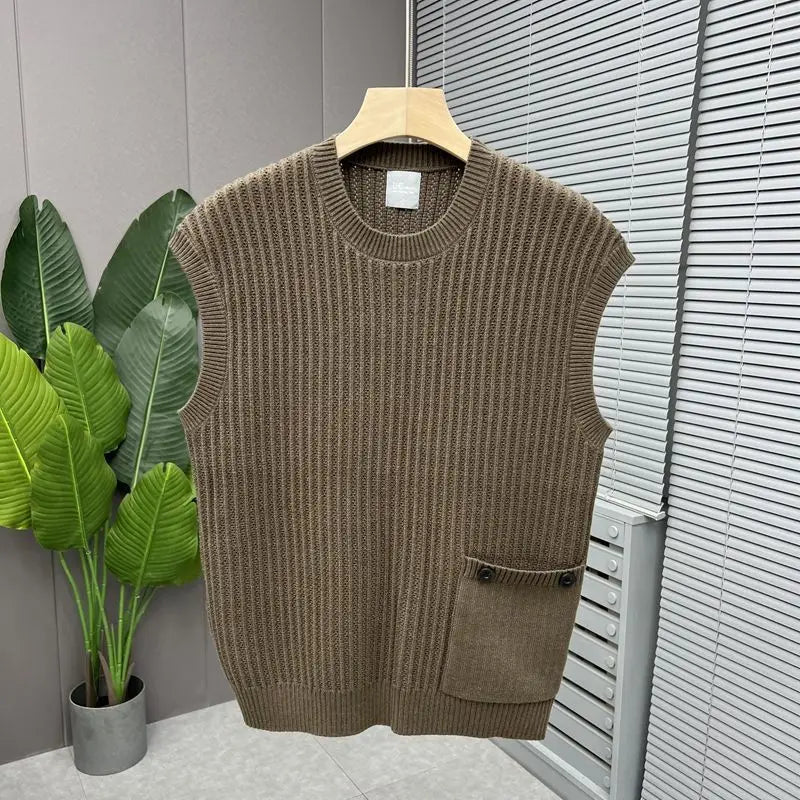 Gilet tricoté à col rond pour hommes, vêtements décontractés, ample, sans manches, pull tendance, nouvelle collection printemps automne2026
