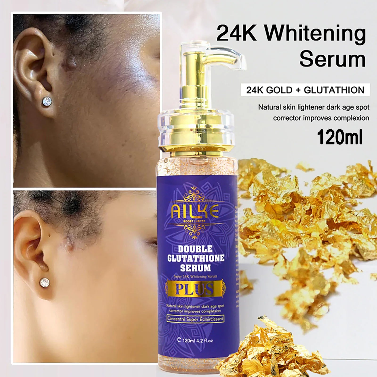 AILKE Ensemble de blanchiment double glutathion pour tous les types de peau, réduit les taches foncées, la mélanine, les taches de rousseur, le cloasma, même le teint