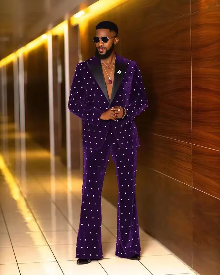 Costumes de mariage de luxe pour hommes, Tuxedos à revers perlé pour marié, 2 pièces, Blazer en velours, pantalon sur mesure