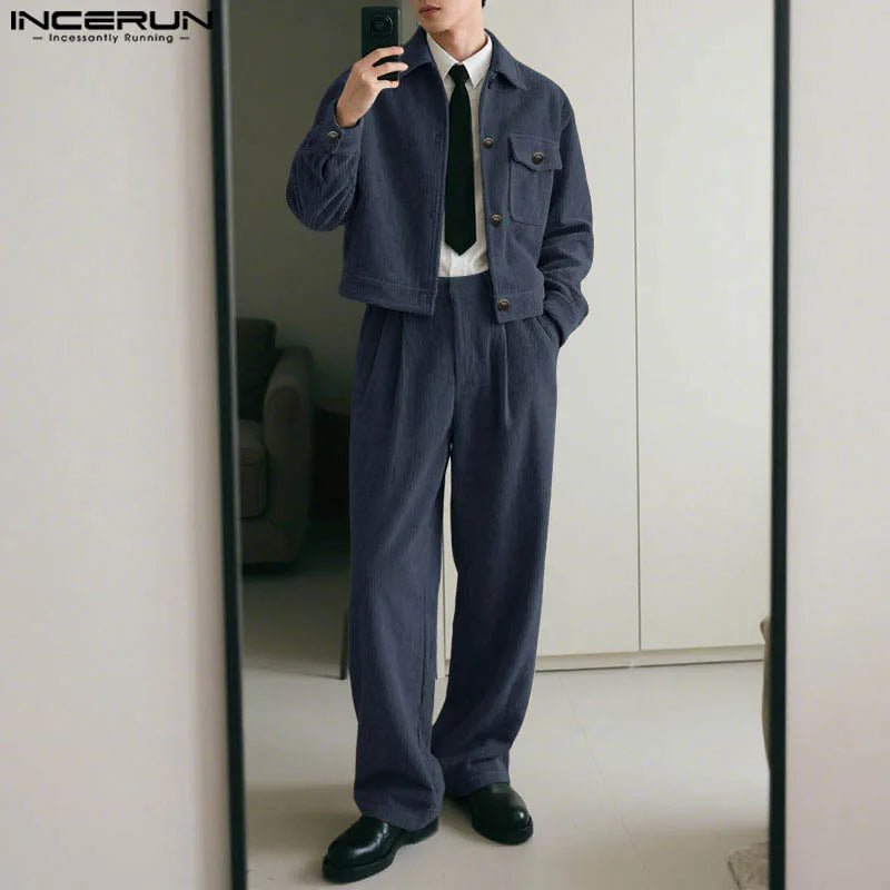 Hommes ensembles velours côtelé couleur unie revers manches longues vestes et pantalons deux pièces ensembles