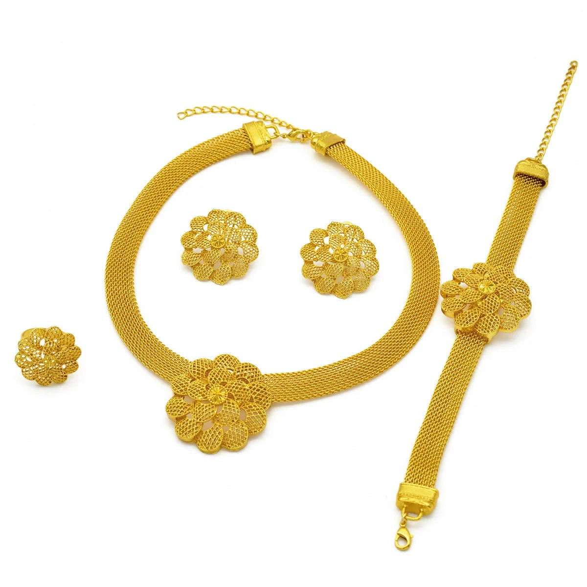 Ensemble de bijoux de mariage de luxe AU999 en or 24 carats avec fleurs! 4 pièces (bracelet + boucles d'oreilles + bague + collier) flatteur, signification de bénisse pour jeunes mariés