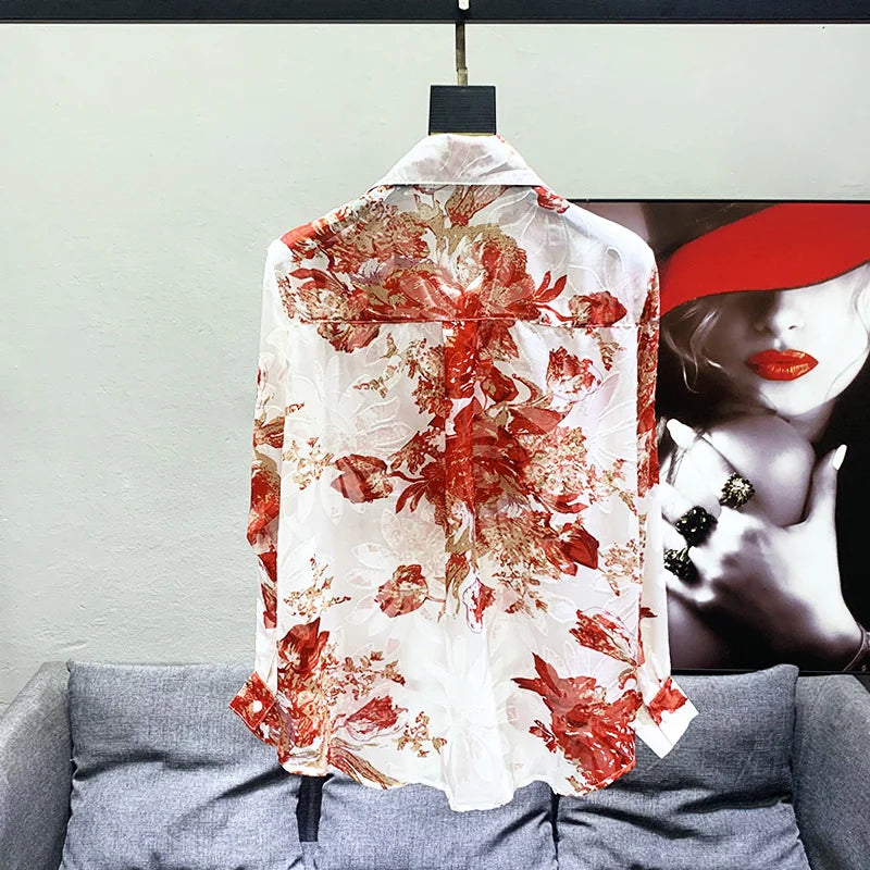 Autumn Men'S Temperament Light Luxury Thin Tops Breathable Jacquard Lapel Shoulder Pad Print Creativity Tide Shirts 21Z1993