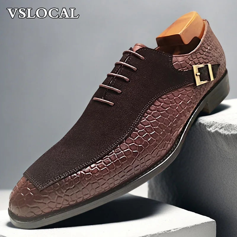 Chaussure  pour Hommes de luxe Oxford à lacets bout fendu ,chaussures habillées Crocodile imprimé en cuir
