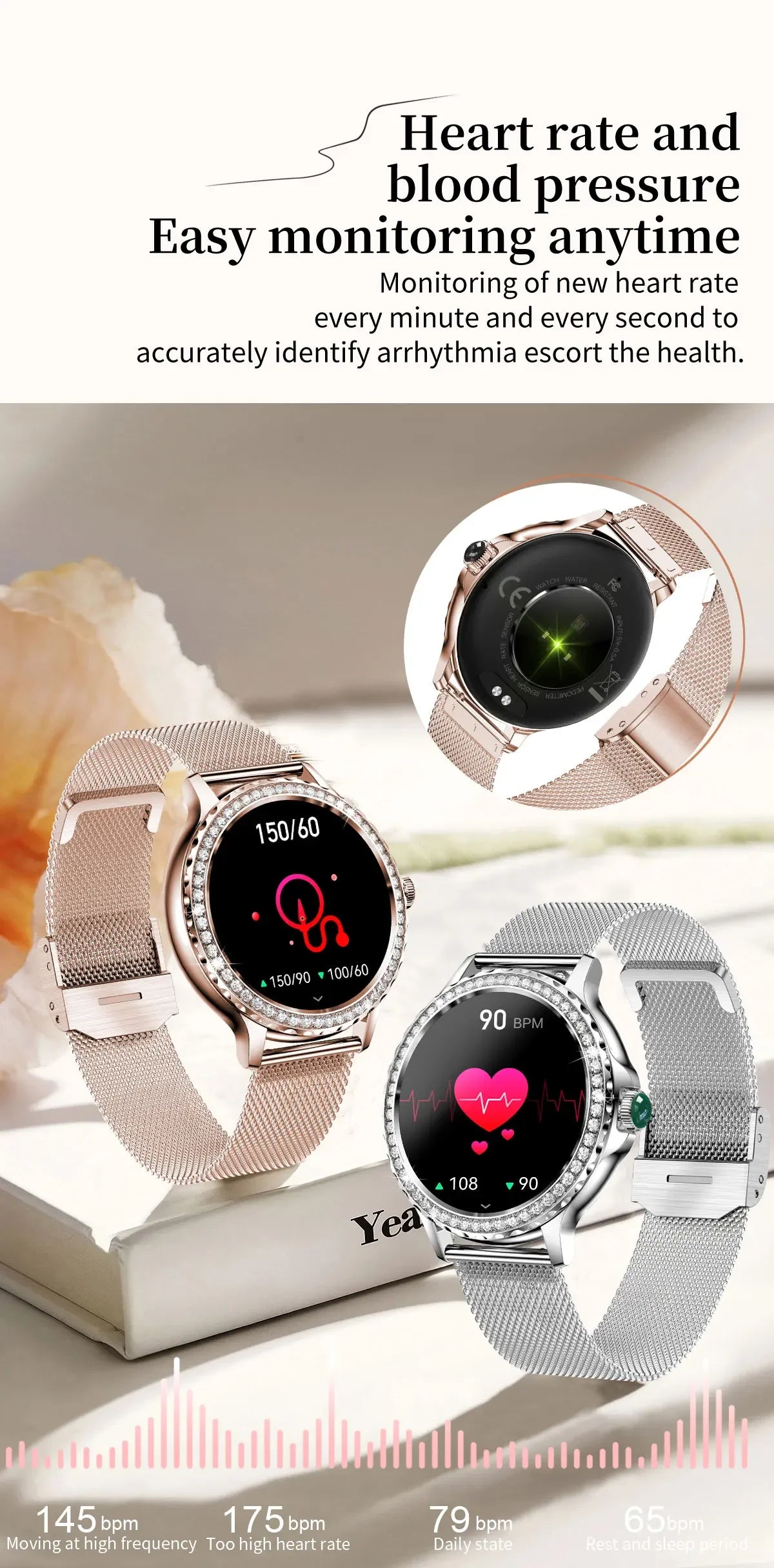 Montre intelligente diamant femme bracelet en métal 1.3 pouces écran HD appels Bluetooth moniteur de santé décoration de mode montre-bracelet