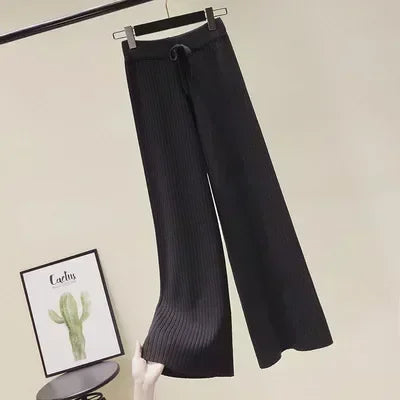 Pantalon drapé taille haute à jambes larges pour femme, décontracté, ample, en tricot, jambes droites, à lacets, couleur unie, 2026