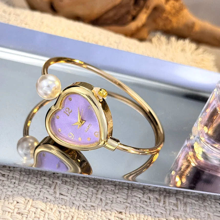 Montre Style Bracelet conception ouverte perle amour montre à Quartz, forme de coeur délicate, montre pour femme Portable nouveau style